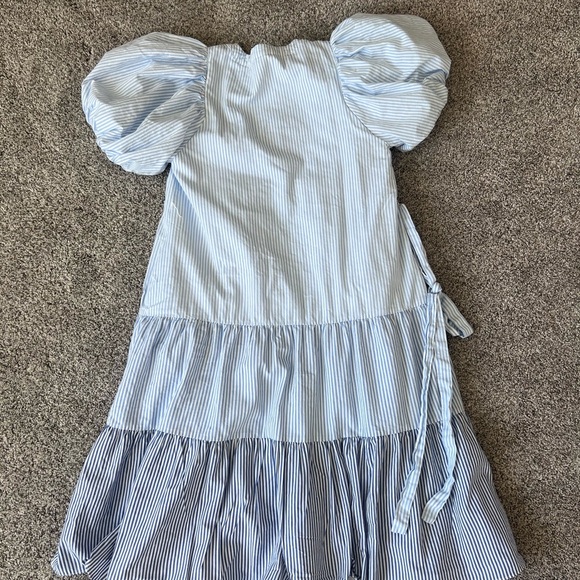 English Factory Puff Sleeve Round Neckline Midi Stripes Tiered Blue Dress Size S - Picture 15 of 15